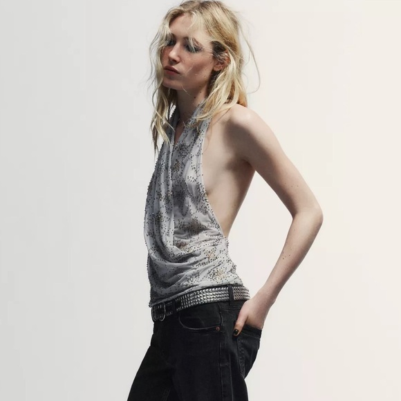 ZARA BEADED EMBROIDERED HALTER TOP - Picture 6 of 12